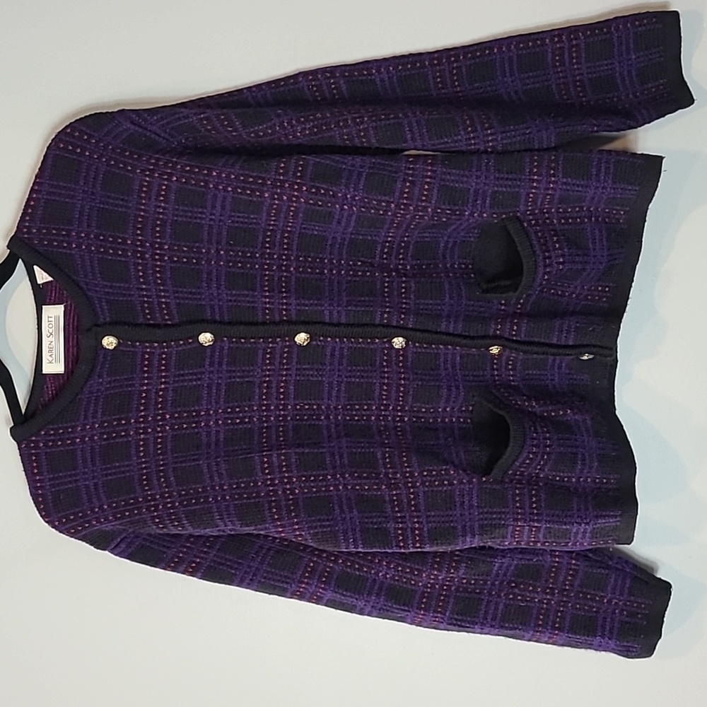 Vintage Purple Black Plaid Cardigan Sweater‎ Size Large Preppy Dark Academia